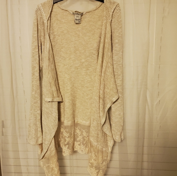 American Rag Hooded Cream Knit Lace Trim Cardigan - Picture 2 of 2